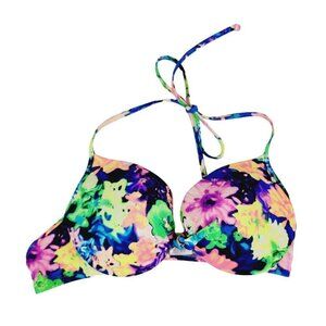 Victoria Secret Neon Floral Padded Halter Top Halter Bikini Swim Top Medium
